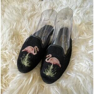 Larkspur Collection Vintage Black Flamingo Needlepoint Mules Slide Shoes Flats S